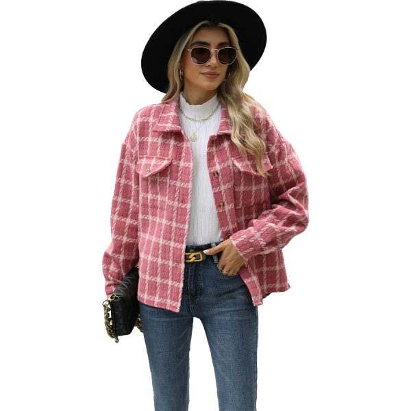 Women's Plaid Woolen Jacket – Lapel Loose-Fit Long-Sleeved Coat