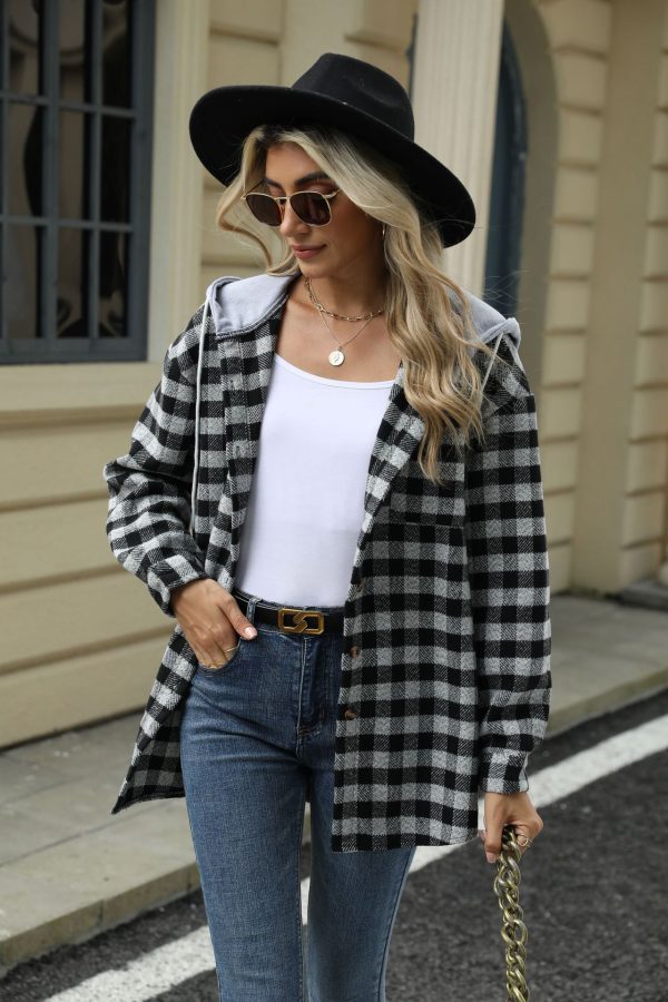 Women's Hooded Plaid Woolen Jacket – Single-Breasted Splicing Coat - Image 5