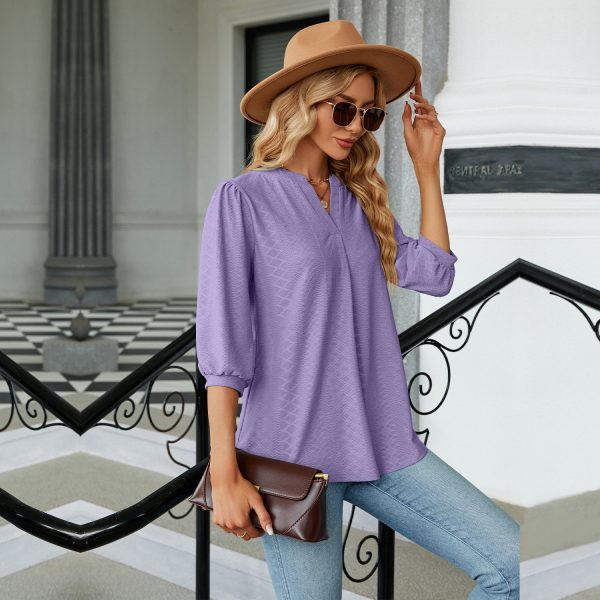 Women's V-Neck Jacquard T-Shirt – Loose Three-Quarter Sleeve Blouse - Image 3