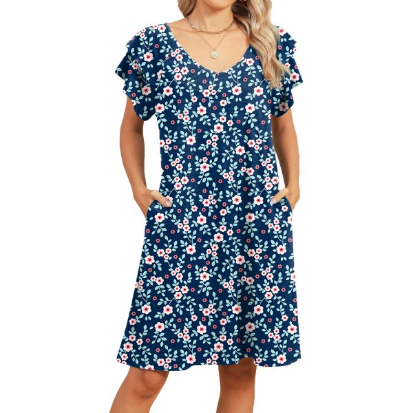 Women's Printed V-Neck Dress – Double-Layer Lotus Leaf Sleeve Design