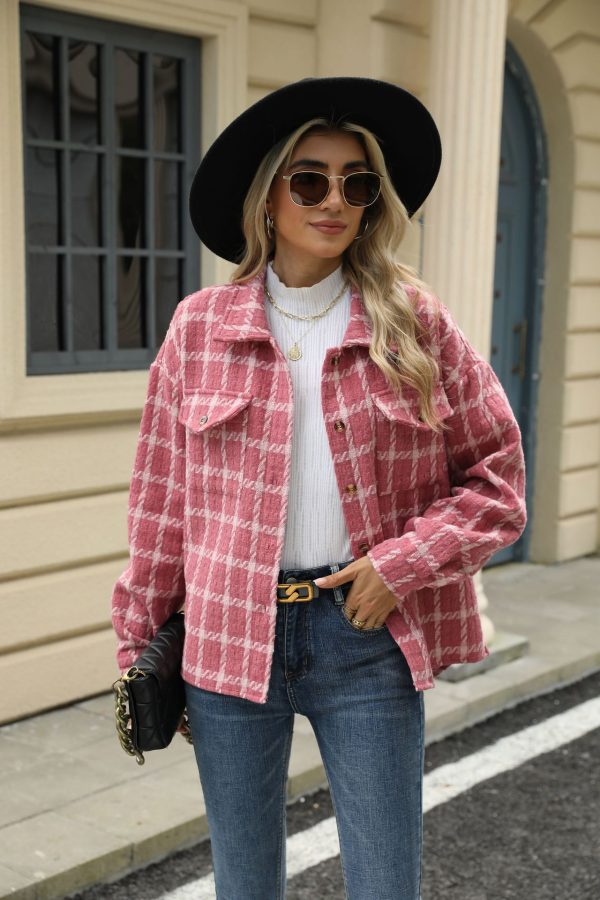Women's Plaid Woolen Jacket – Lapel Loose-Fit Long-Sleeved Coat - Image 2