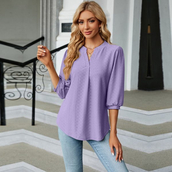 Women's V-Neck Jacquard T-Shirt – Loose Three-Quarter Sleeve Blouse - Image 5