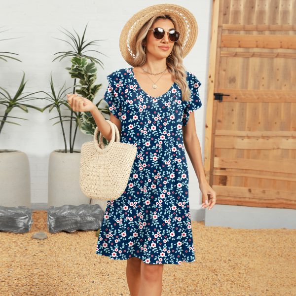 Women's Printed V-Neck Dress – Double-Layer Lotus Leaf Sleeve Design - Image 3