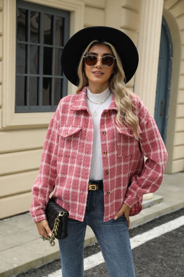 Women's Plaid Woolen Jacket – Lapel Loose-Fit Long-Sleeved Coat - Image 6