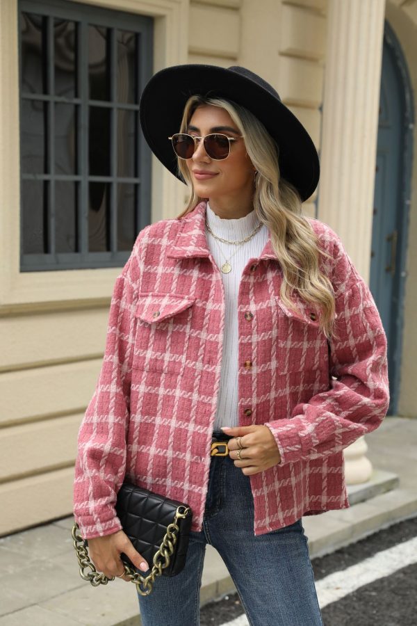 Women's Plaid Woolen Jacket – Lapel Loose-Fit Long-Sleeved Coat - Image 5