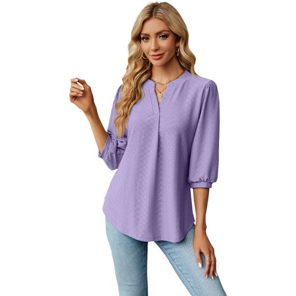 Women's V-Neck Jacquard T-Shirt – Loose Three-Quarter Sleeve Blouse