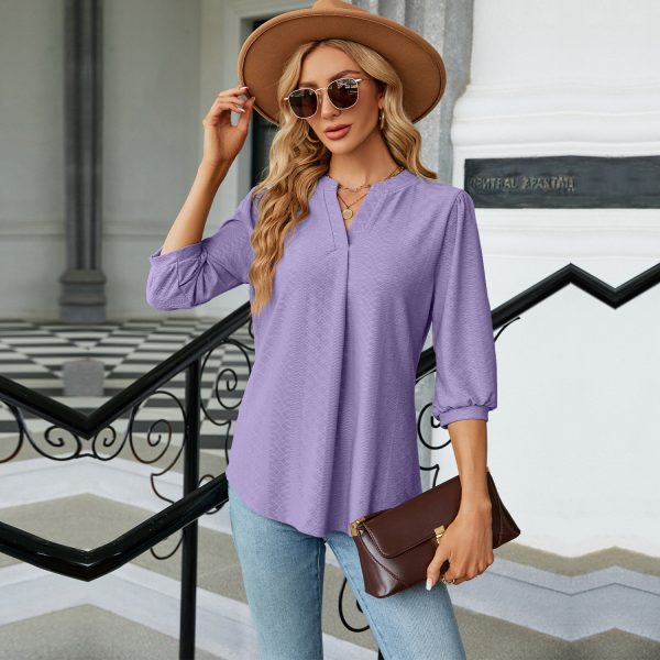 Women's V-Neck Jacquard T-Shirt – Loose Three-Quarter Sleeve Blouse - Image 4