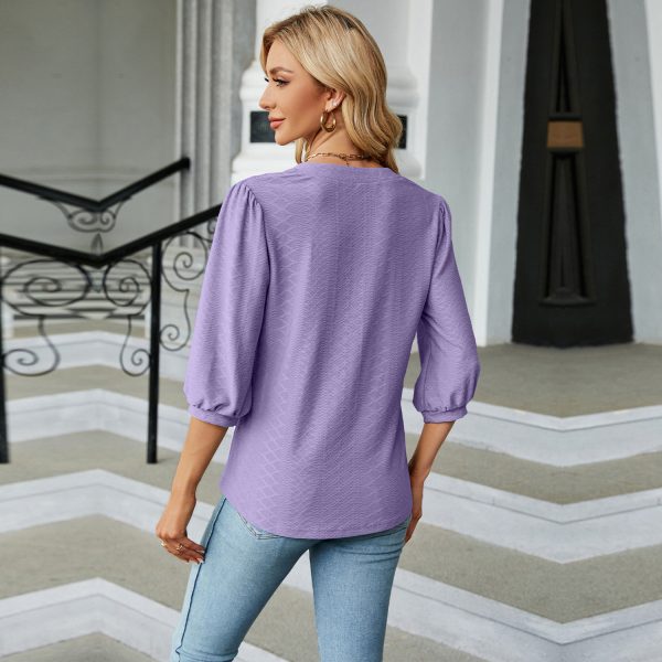 Women's V-Neck Jacquard T-Shirt – Loose Three-Quarter Sleeve Blouse - Image 7