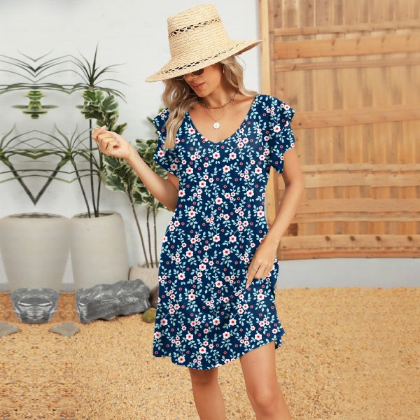 Women's Printed V-Neck Dress – Double-Layer Lotus Leaf Sleeve Design - Image 6