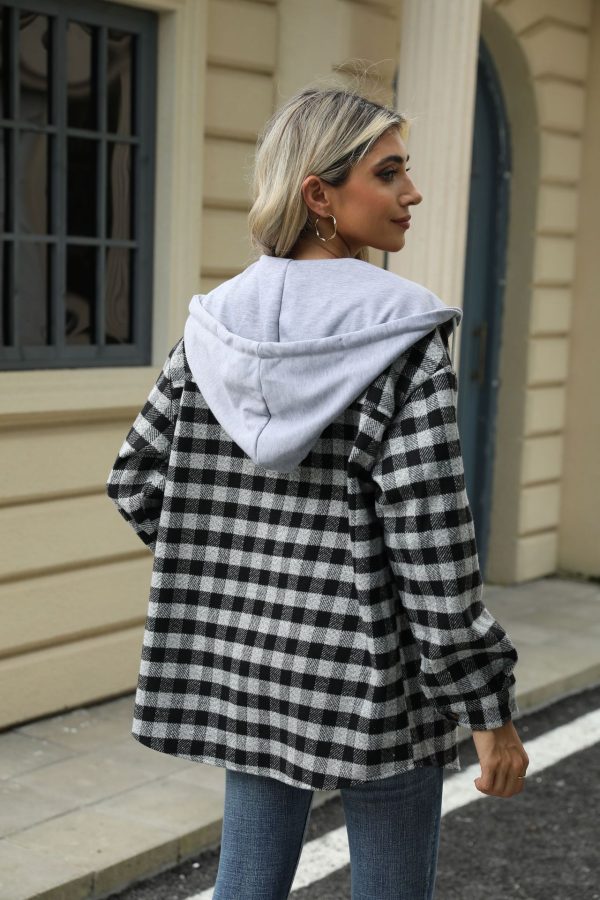 Women's Hooded Plaid Woolen Jacket – Single-Breasted Splicing Coat - Image 7