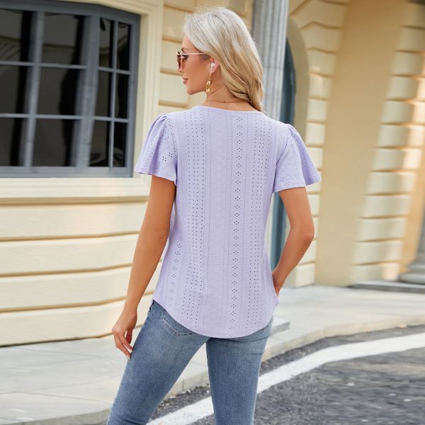 Women's Hollow Square Neck T-Shirt – Pleated Swallowtail Floral Top - Image 7