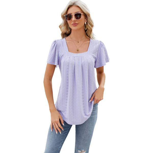 Women's Hollow Square Neck T-Shirt – Pleated Swallowtail Floral Top