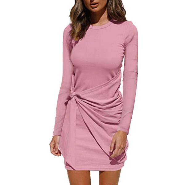 Women's Long-Sleeved Knotted Dress – Elegant Slim-Fit Casual Look