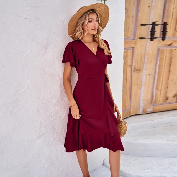 Women's Tie-Waist Wrap Dress – V-Neck Short-Sleeved Irregular Skirt - Image 6