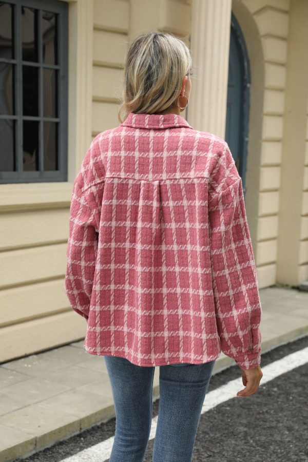 Women's Plaid Woolen Jacket – Lapel Loose-Fit Long-Sleeved Coat - Image 7