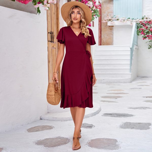 Women's Tie-Waist Wrap Dress – V-Neck Short-Sleeved Irregular Skirt - Image 5