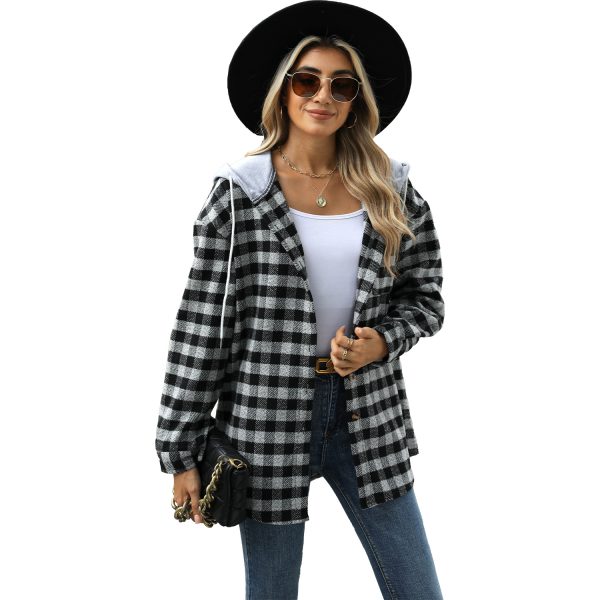 Women's Hooded Plaid Woolen Jacket – Single-Breasted Splicing Coat