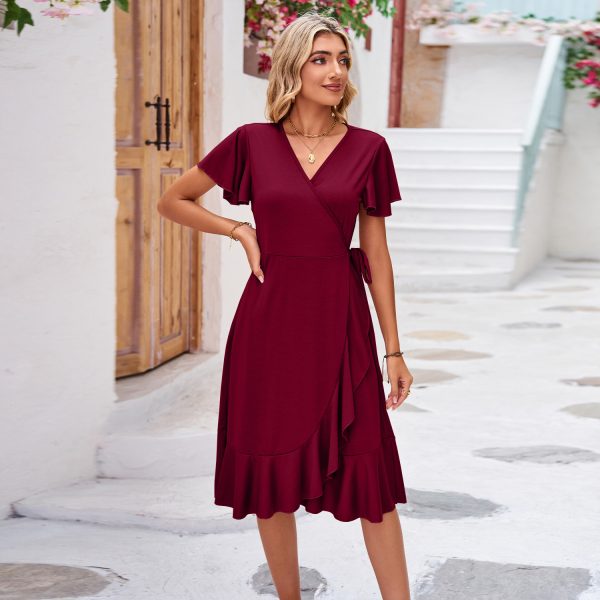 Women's Tie-Waist Wrap Dress – V-Neck Short-Sleeved Irregular Skirt - Image 2