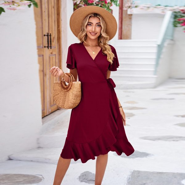 Women's Tie-Waist Wrap Dress – V-Neck Short-Sleeved Irregular Skirt - Image 3