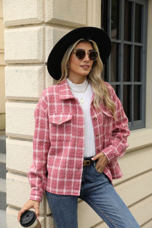 Women's Plaid Woolen Jacket – Lapel Loose-Fit Long-Sleeved Coat - Image 3