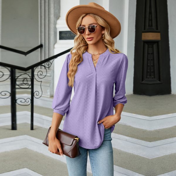 Women's V-Neck Jacquard T-Shirt – Loose Three-Quarter Sleeve Blouse - Image 2